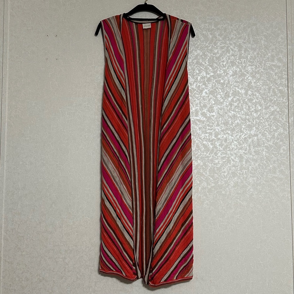 Chico's Striped Knit Longline Duster Vest Cotton Blend Boho Multicolor Sz 1 M L